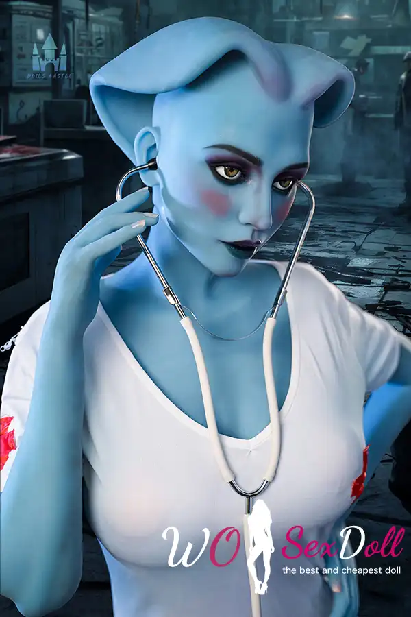 170cm 5ft5 TPE Fantasy Blue Skin Huge Boobs Slim Waist Nurse Sex Doll #A14 Head