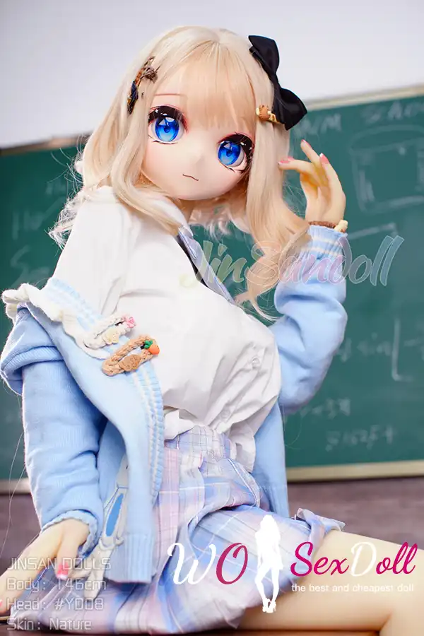 146cm 4ft7 TPE Anime Schoolgirl Blue Eyes Blonde Hair Sex Doll #Y008 Head